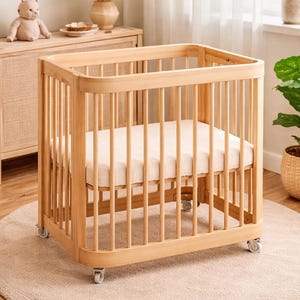 May include: A light wood baby crib with a rectangular frame and vertical bars. The crib has a light-colored mattress and sits on small wheels. It is placed on a round, beige rug. The room has a neutral color palette.