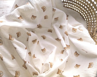 Teddy Bear Blanket, Muslin Swaddle Blanket, 100% Cotton Double Gauze Baby Blankets, Nursery Swaddle for Boy / Girl, Perfect Baby Shower Gift
