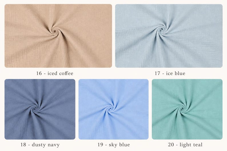 Puede incluir: Primer plano de cinco muestras de tela en varios colores: caf&eacute; helado, azul hielo, azul marino polvoriento, azul cielo y verde azulado claro. Cada muestra est&aacute; etiquetada con un n&uacute;mero y nombre.