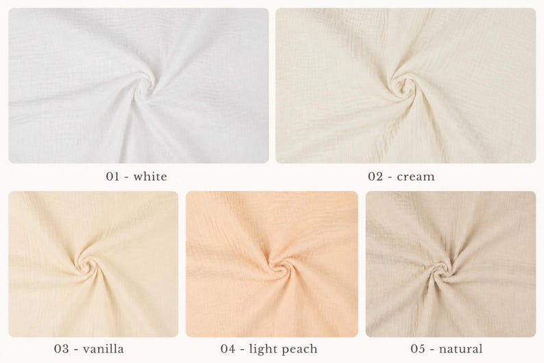 Puede incluir: Una colecci&oacute;n de cinco muestras de tela en varios colores neutros. Las muestras incluyen blanco, crema, vainilla, melocot&oacute;n claro y natural. Cada muestra est&aacute; arremolinada para mostrar la textura de la tela.