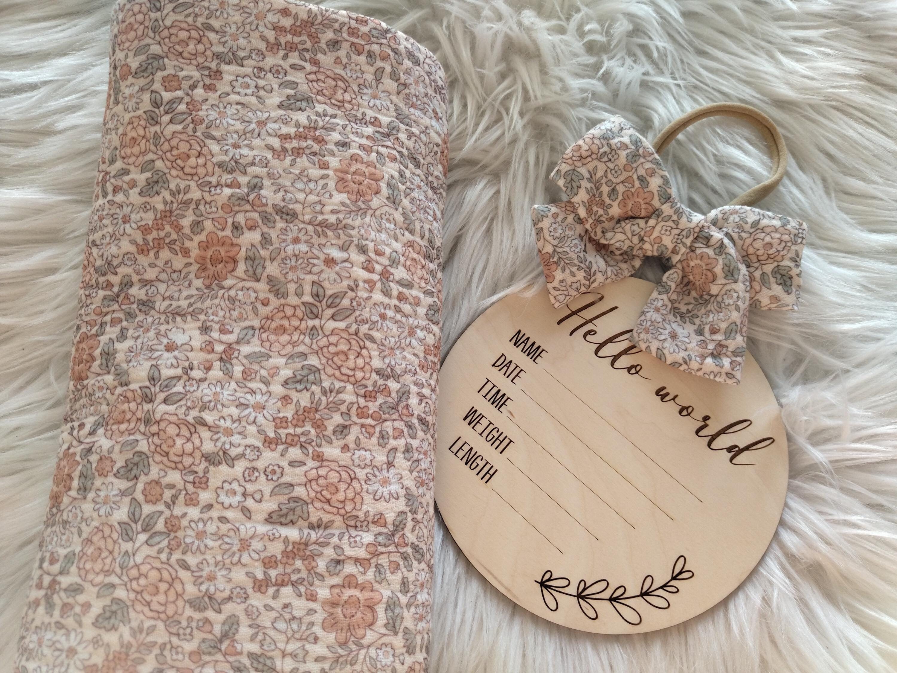 Conjunto de manta y lazo floral, manta para bebé, manta de muselina de algodón, conjunto de flores retro para niña recién nacida, regalo para baby shower