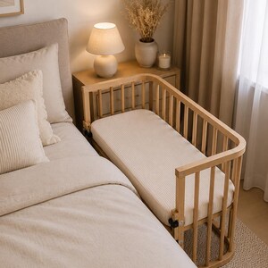 It shows fitted crib sheets made of organic muslin cotton. Perfect for baby oval or bedside cribs, bassinets and cradle. It's cozy pastel baby nursery, ideal for all BabyBay bedside cribs.