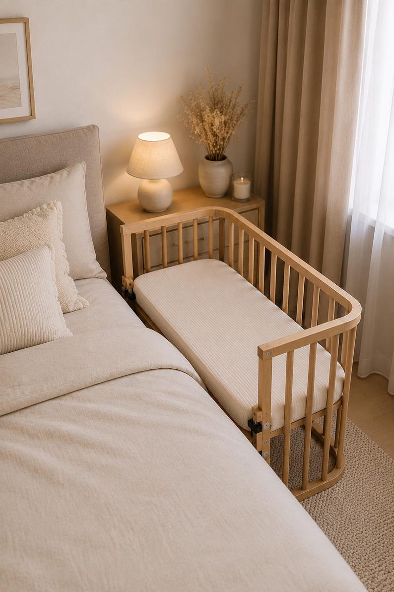 It shows fitted crib sheets made of organic muslin cotton. Perfect for baby oval or bedside cribs, bassinets and cradle. It's cozy pastel baby nursery, ideal for all BabyBay bedside cribs.