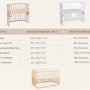 May include: A comparison chart for BabyBay cribs showing two wooden cribs and one white crib. The table lists styles including Original, Maxi, Boxspring, and XXL with mattress dimensions in inches from 31.5 x 16.5 x 2 to 41 x 28.5 x 2 inches.