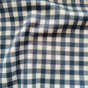 Puede incluir: Primer plano de una tela con un patrón de cuadros vichy azul y blanco. La tela está doblada, creando sombras suaves y textura. El patrón consiste en cuadrados espaciados uniformemente, creando un diseño clásico y versátil.