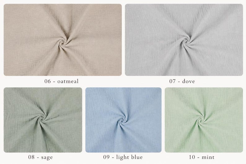 Puede incluir: Una colecci&oacute;n de cinco muestras de tela texturizada en varios colores: avena, gris paloma, verde salvia, azul claro y verde menta. Cada muestra est&aacute; etiquetada con su nombre y n&uacute;mero de color.