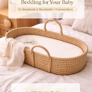 May include: An oval-shaped woven basket bassinet with two handles, containing a white muslin fabric liner. Text on the image reads: Luxury Organic Muslin Bedding for Your Baby, Handmade & Breathable, Custom Sizes, 100% Organic Muslin, Extra Soft & Comfortable, Gentle on Baby's Skin.
