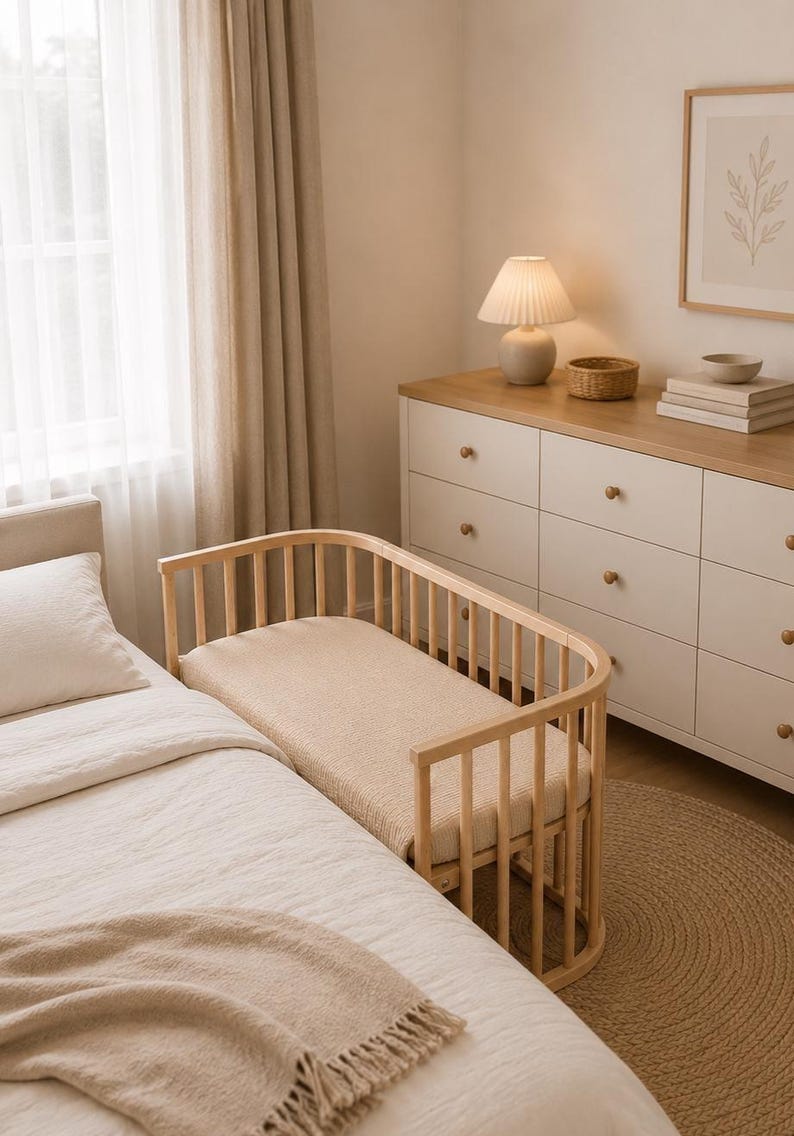 It shows fitted crib sheets made of organic muslin cotton. Perfect for baby oval or bedside cribs, bassinets and cradle. It's cozy pastel baby nursery, ideal for all BabyBay bedside cribs.