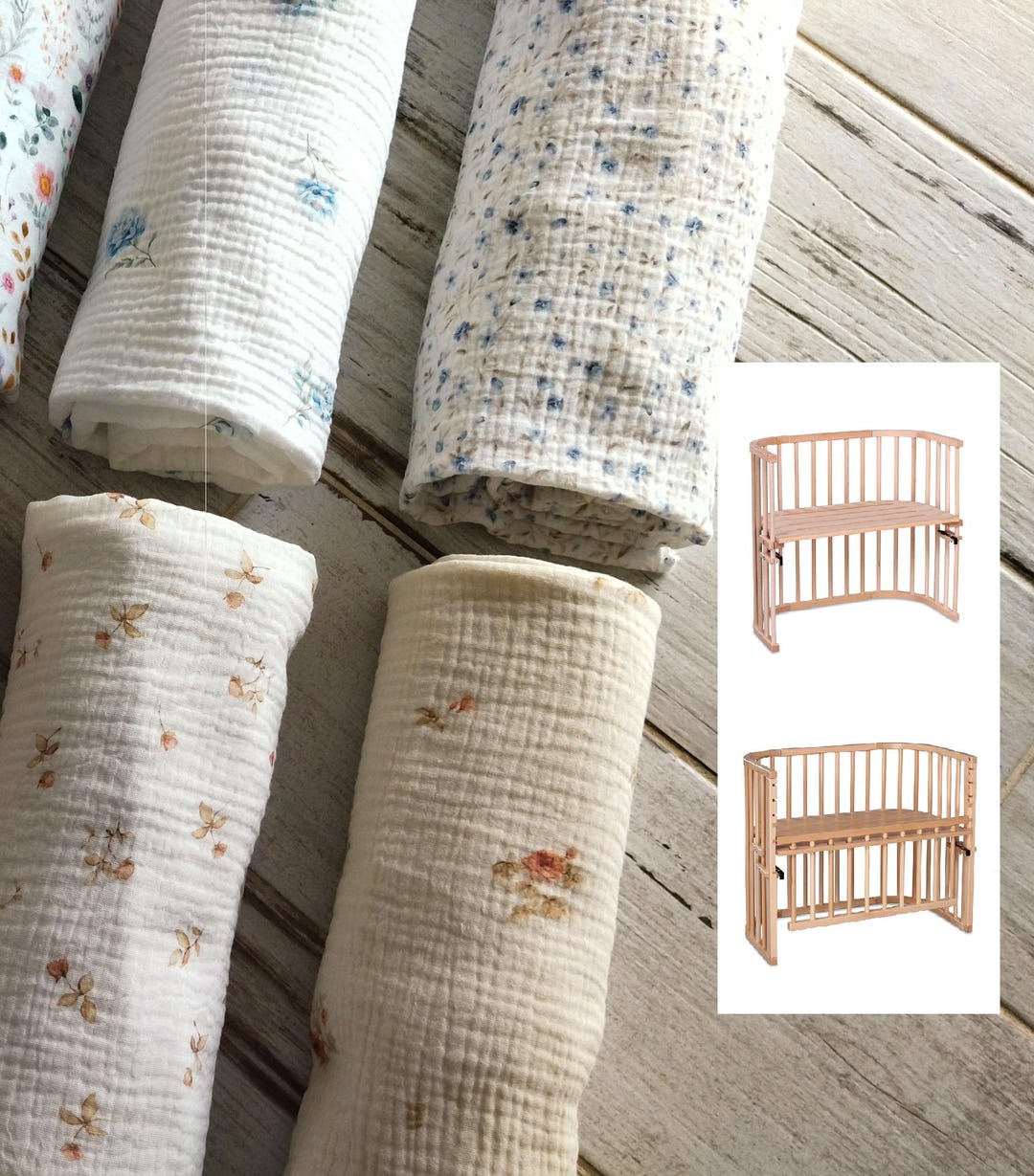Babybay Fitted Sheet: Organic Cotton Muslin, Roses Flowers Stars