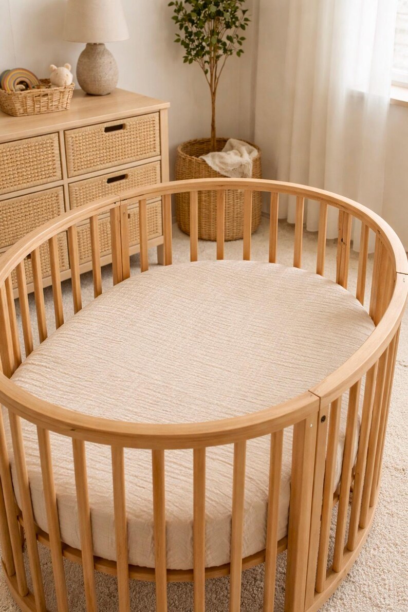 Sábana bajera ajustable de muselina orgánica para cuna Stokke Sleepi: Ropa de cama infantil hecha a mano, versión V2/V3 imagen 12