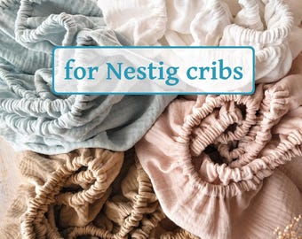 Organic Muslin Sheets for Nestig Cribs, Cotton Double Gauze Fitted Wave / Cloud Mini Crib
