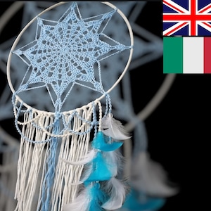 May include: A blue and white dreamcatcher with a star-shaped crocheted centre and white and blue feathers.