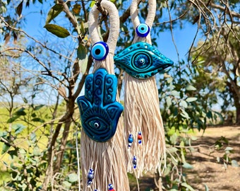 Blue Paint straw Hamsa eye Handmade Evil EYE Wall Hanging Home Design Wall Kitchen Design Evil Eye Home Protect Eye Bead Handmade Gift ART