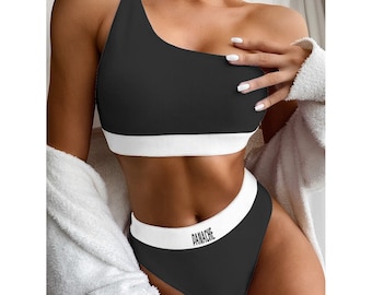 Frauen Single Shulter Bikini Schwarz/Weiß