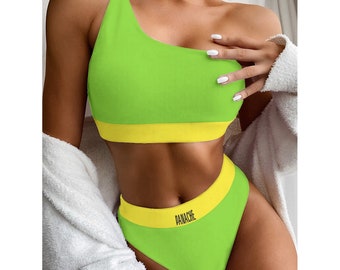 Bikini monospalla da donna - Lime e giallo