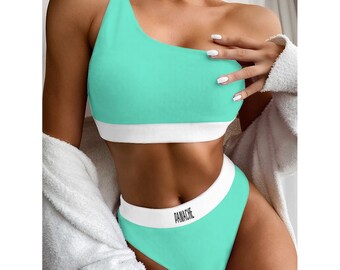 Single-Shoulder-Bikini für Damen – Seafoam/Weiß