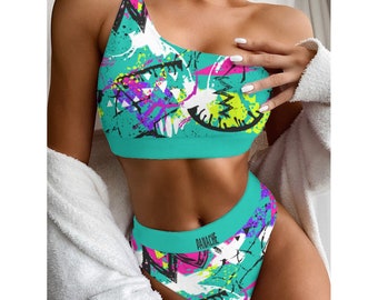 Maillot De Bain Femme Une Epaule Turquoise Graffiti