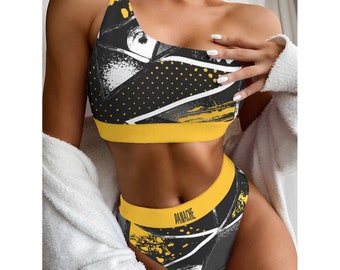 Bikini monospalla da donna giallo e nero