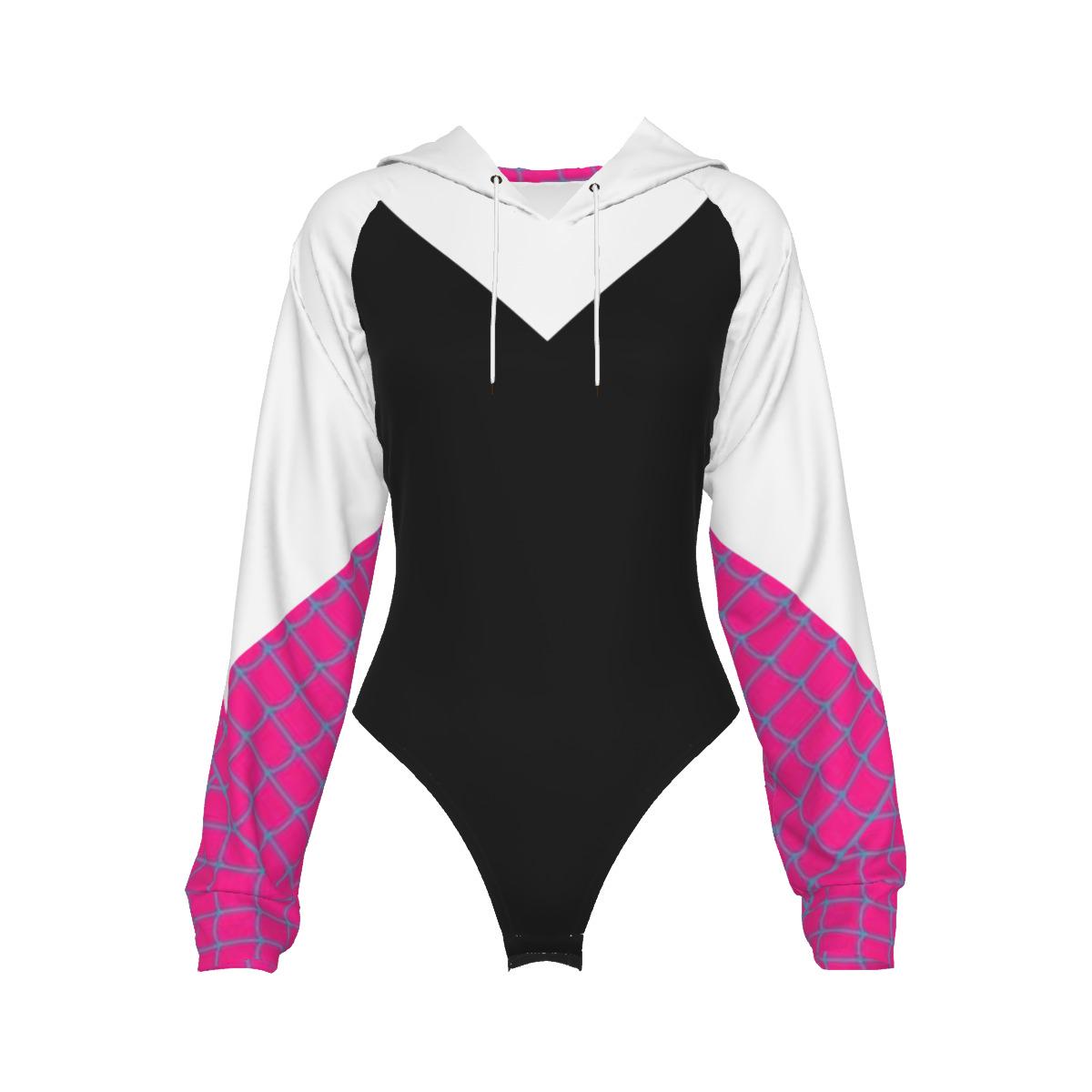 Raglan Sleeve Hooded Bodysuit Black, White, Pink Web