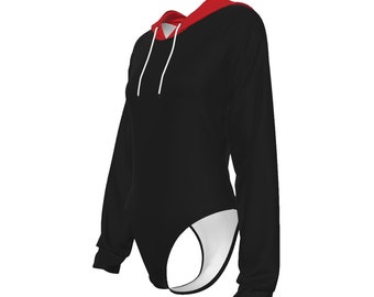 Raglan Sleeve Hooded Bodysuit Black and Red