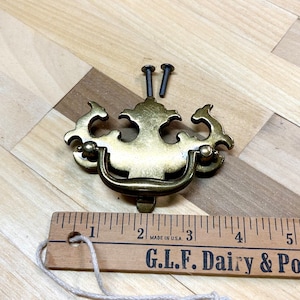 May include: Gold-toned metal cabinet pull with a decorative, ornate design. The pull has a D-shaped handle and is approximately 2 inches wide. Two screws are included.