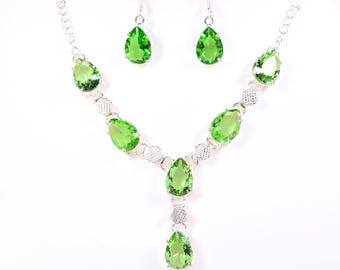 Unique Top Quality Green Peridot Crystal Necklace Set Handmade Faceted Pear Shape Peridot Silver Plated Necklace And Earring Gift For Her.