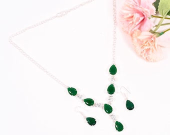 Magnífico conjunto de collar y pendientes de cristal esmeralda de primera calidad, hechos a mano, con forma de pera facetada y chapados en plata, regalo para ella.