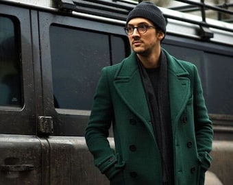 メンズ グリーンツイード オーバーコート：ダブルブレスト ロング