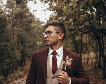Men maroon tweed suits 3 suits, wedding suits, Men Dinner suits, Groom Wear, Men slim fit suits