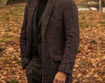 Men's Brown Tweed Overcoat, Vintage Wool Long Coat