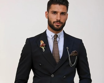 Men Stylish Black Blazer | Double Breasted Tailored Fit | Formal Business and Dinner Wear
