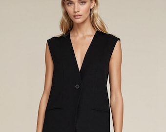 Black Waistcoat Pant Set: Sleeveless Office Suit