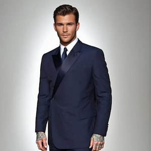 Men&#39;s Navy Blue Double Breasted Tuxedo: Two Piece Business Suit