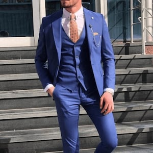 Men Premium Blue Suit 3 Piece Slim Fit Suit Wedding suit Dinner Suit Elegant Groom Wear Tailoring Blue Suits Prom Formal Party Suits