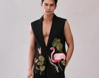 Men's Embroidered Blazer Suit, Black Floral Tuxedo, Wedding Formalwear (4-way Stretch)