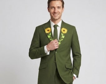 Luxury Groom Suit with Botanical Embroidery Design. Olive Green Wedding Tuxedo for Special Occasions