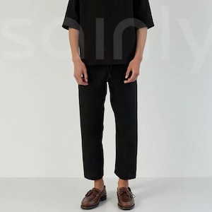 Men Linen Black Drawstring Pant Relaxed Fit Casual Trouser & Summer Beach Resort Wear Pants