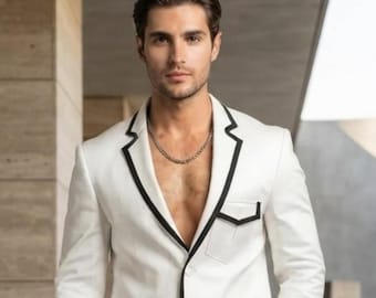 Men Classic Off White Blazer with Black Piping Coat
