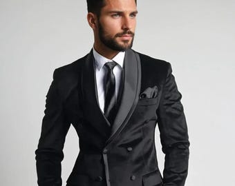 Men's Black Velvet Tuxedo Blazer: Double Breasted Wedding Coat
