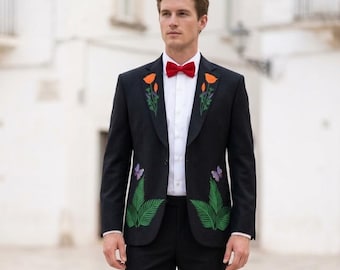 Men’s Black Two Piece Embroidered Suit, Floral Tuxedo, Elegant Wedding Suit, Tailored Formal Party Wear for Men