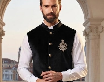 Men Black Velvet Embroidered Designer Nehru Jacket
