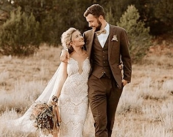 Men's Brown Tweed Suit: Slim Fit 3-Piece Wedding Suit