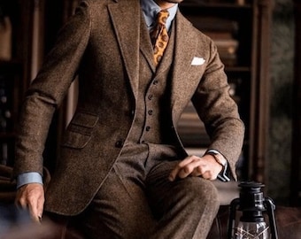 Men's Brown Tweed Suit: Slim Fit 3-Piece Wedding Groom Attire