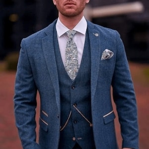 Men blue tweed suits 3 piece suits, wedding suits, Men Dinner suits, Groom Wear, Men slim fit suits