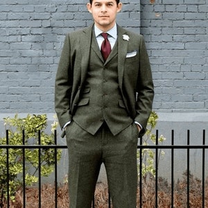 Men Tweed Olive Green Suit, Tweed Wedding Suit, 3 Piece Suit, Wedding Suits, Men Dinner Suits, Groom Men Winter Suits, Men Slim Fit Suits