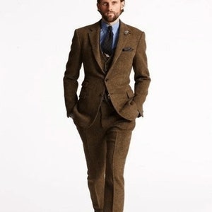Men Tweed Brown Suit, Tweed Wedding Suit, 3 Piece suit, Wedding Suits,Men Dinner Suits,Groom Men Winter Suits,Men Slim Fit Suits Tuxedo Suit