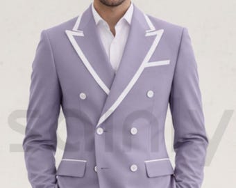 Mens Lavender Double Breasted Blazer Suit for Wedding Party and Modern Formal Wear