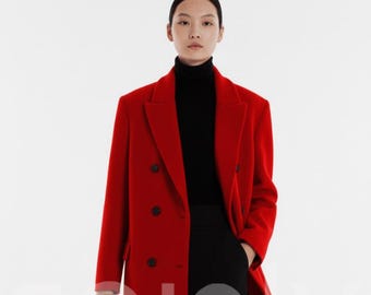 Women’s Red Tweed Vintage Overcoat – Long Double-Breasted Winter Coat