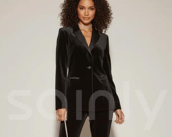 Traje de dos piezas de terciopelo negro para mujer / Elegante conjunto de esmoquin formal y de fiesta