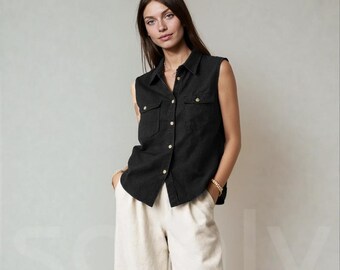Blusa negra sin mangas de lino para mujer, blusa informal con botones, camisa de verano